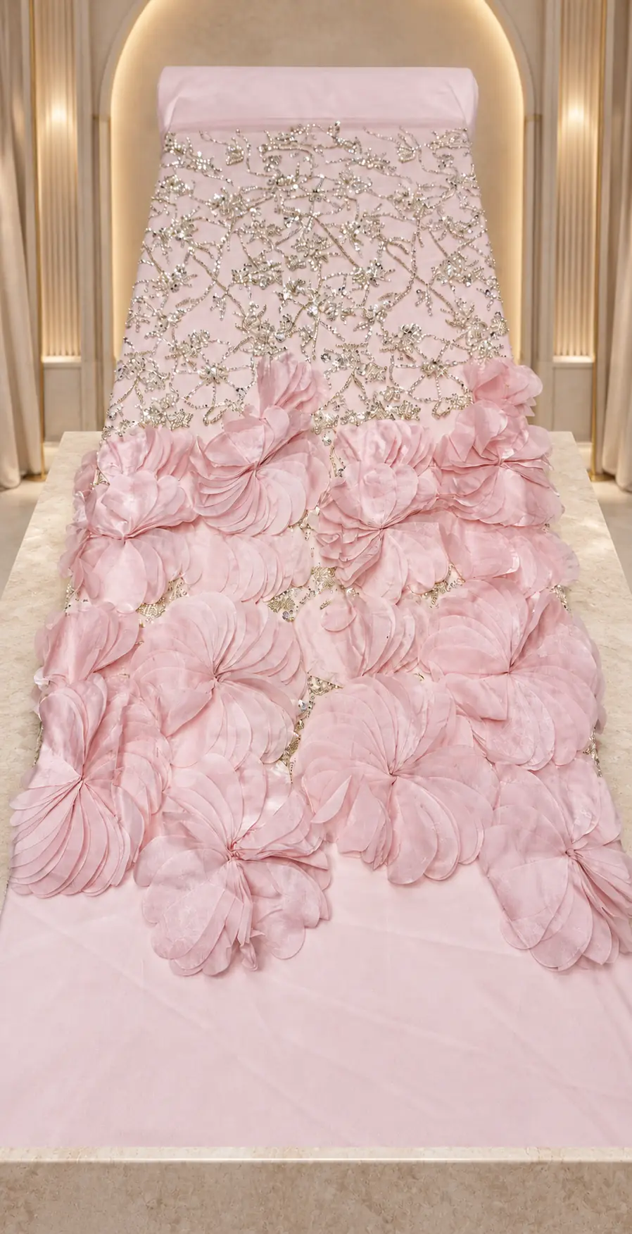 Tul couture roz pudrat cu flori 3D, broderie și cristale