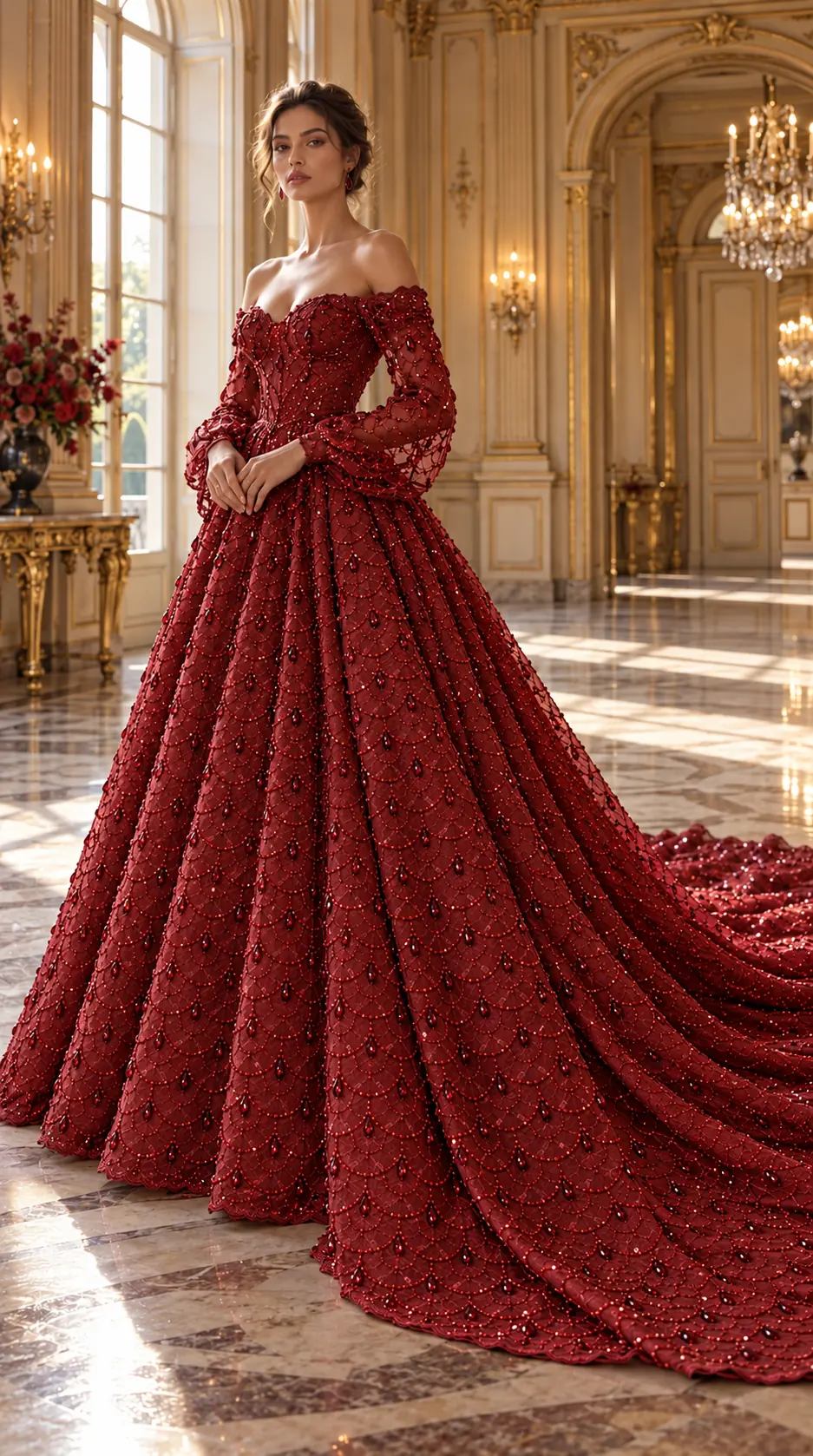 Inspirație de design: rochie couture realizată din dantelă bordo cu mărgele și pietre