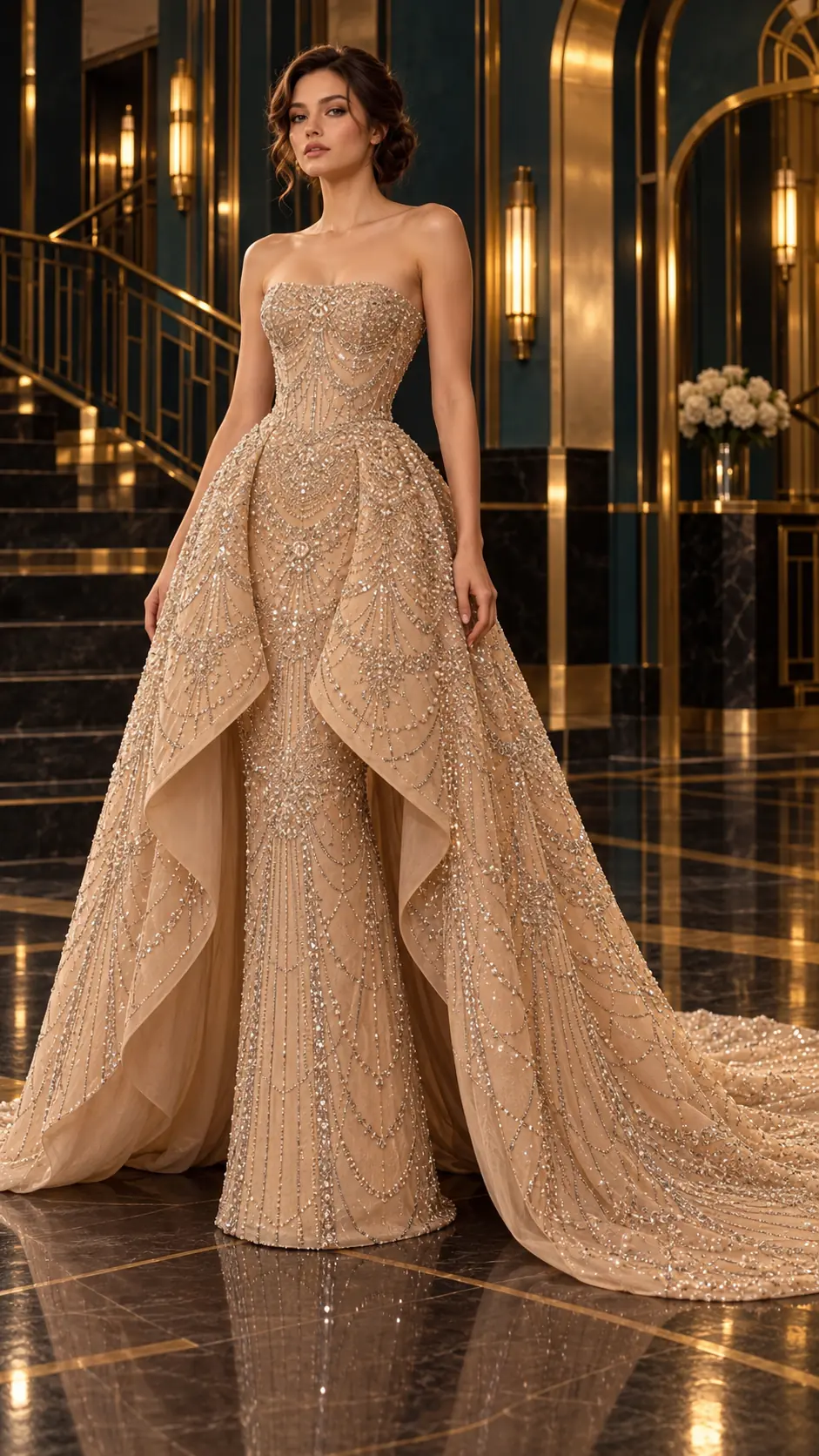 Inspirație de design: rochie couture champagne strapless cu suprapunere arhitecturală high-low și trenă lungă