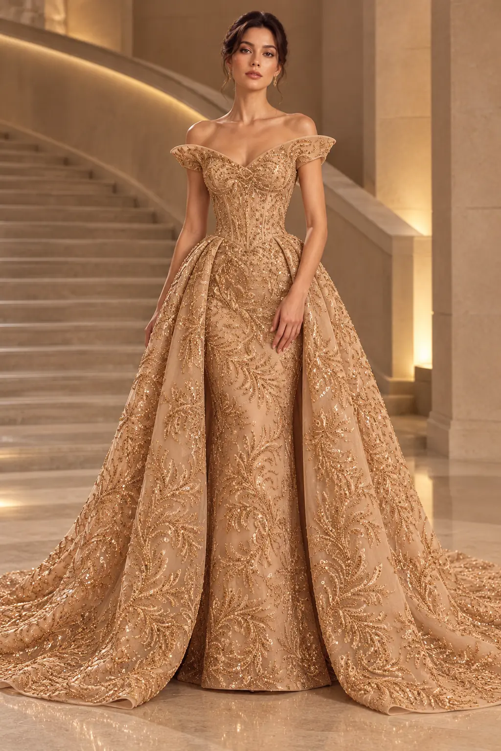 Inspirație de design: rochie couture cu guler sculptural, corsaj structurat și suprapiesă amplă, realizată din tul cu mărgele aurii și paiete