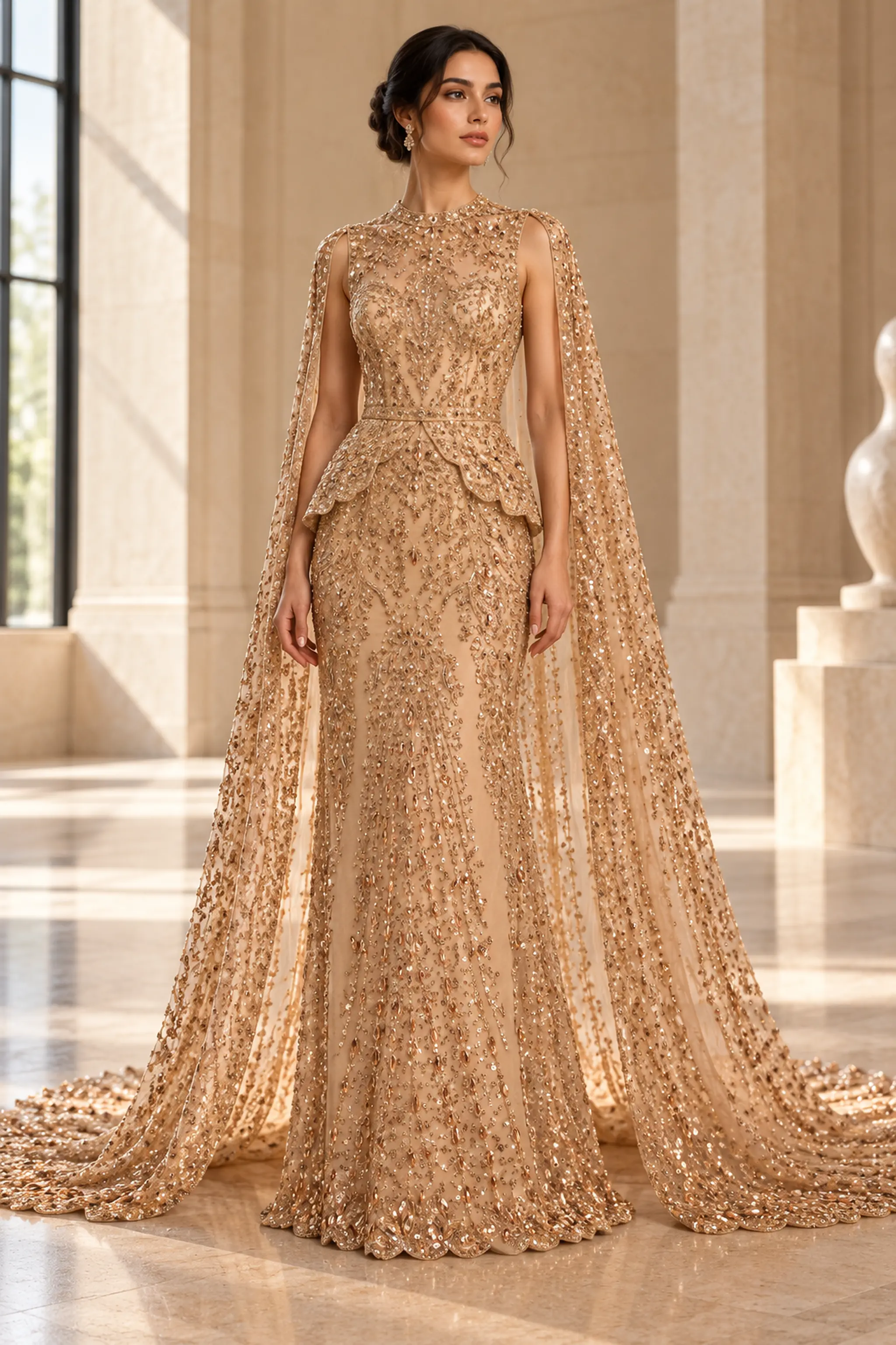 Inspirație de design: rochie couture champagne cu guler înalt, peplum sculptural și capă lungă, realizată din tul cu paiete aurii și pietre fațetate