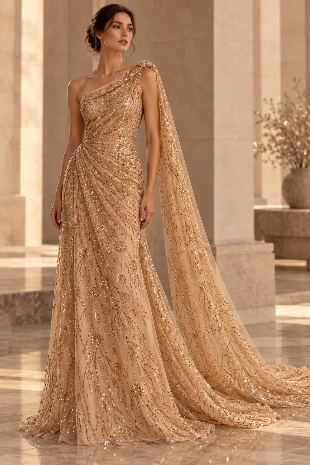 Inspirație de design: rochie couture champagne asimetrică, cu un umăr și drapaj fluid, realizată din tul cu paiete aurii și microcristale