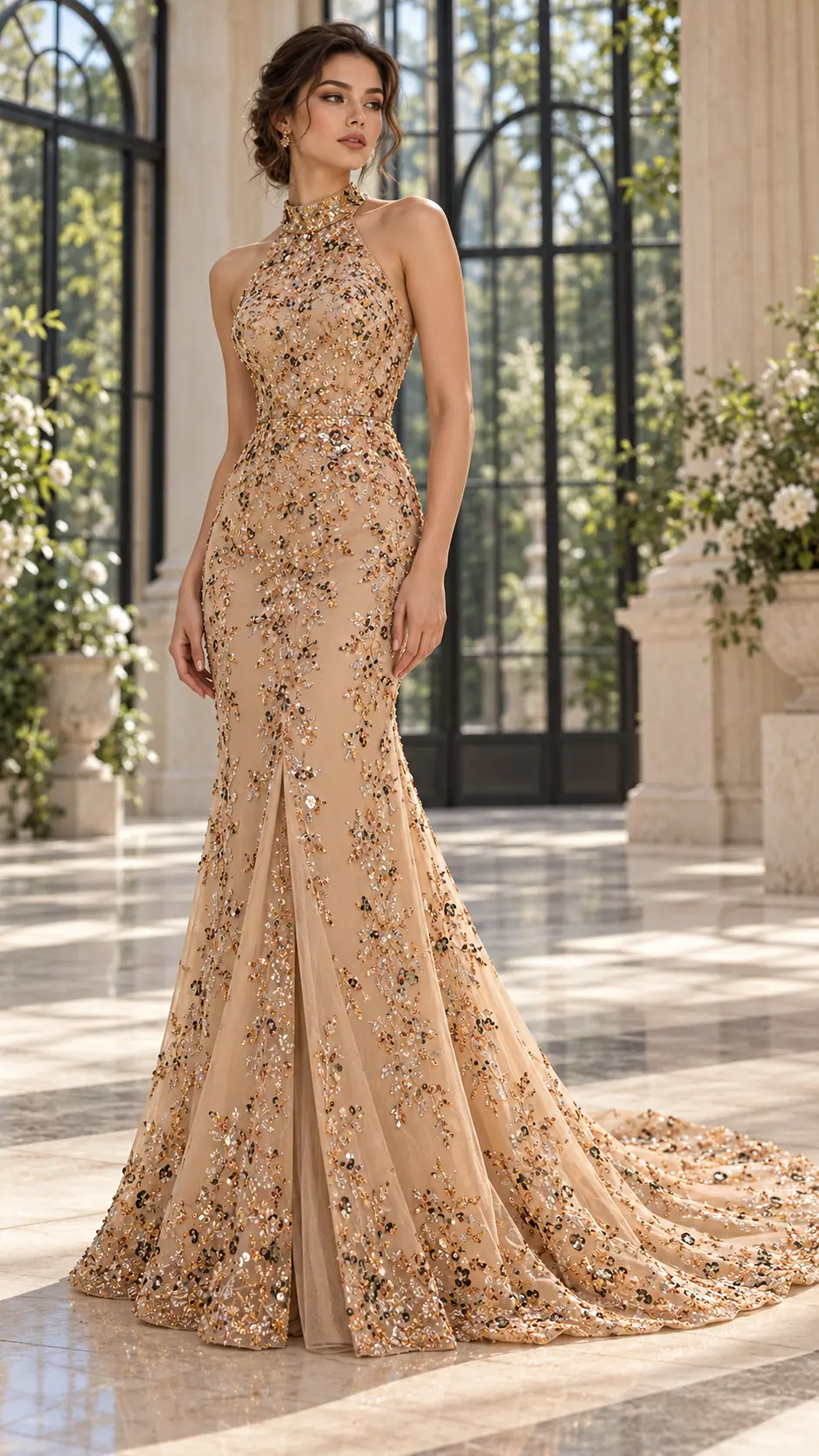 Inspirație de design: rochie couture champagne cu decolteu halter, siluetă fit-and-flare și trenă sculpturală