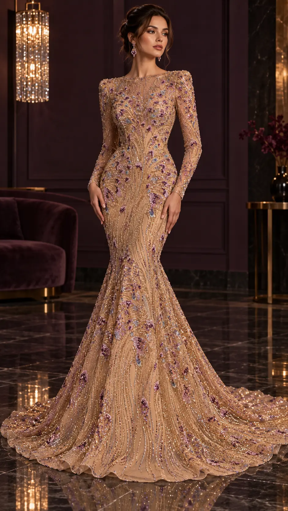 Inspirație de design: rochie couture champagne cu mâneci lungi și croi sirenă, realizată din tul cu paiete lila și mărgele