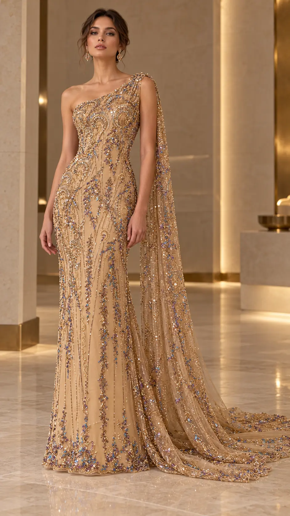 Inspirație de design: rochie couture aurie, cu croi tip coloană, realizată din tul brodat cu perle