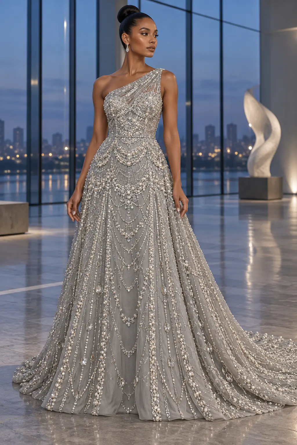 Inspirație de design: rochie couture gri cu un umăr, fustă amplă, pietre și perle, într-o galerie contemporană din sticlă