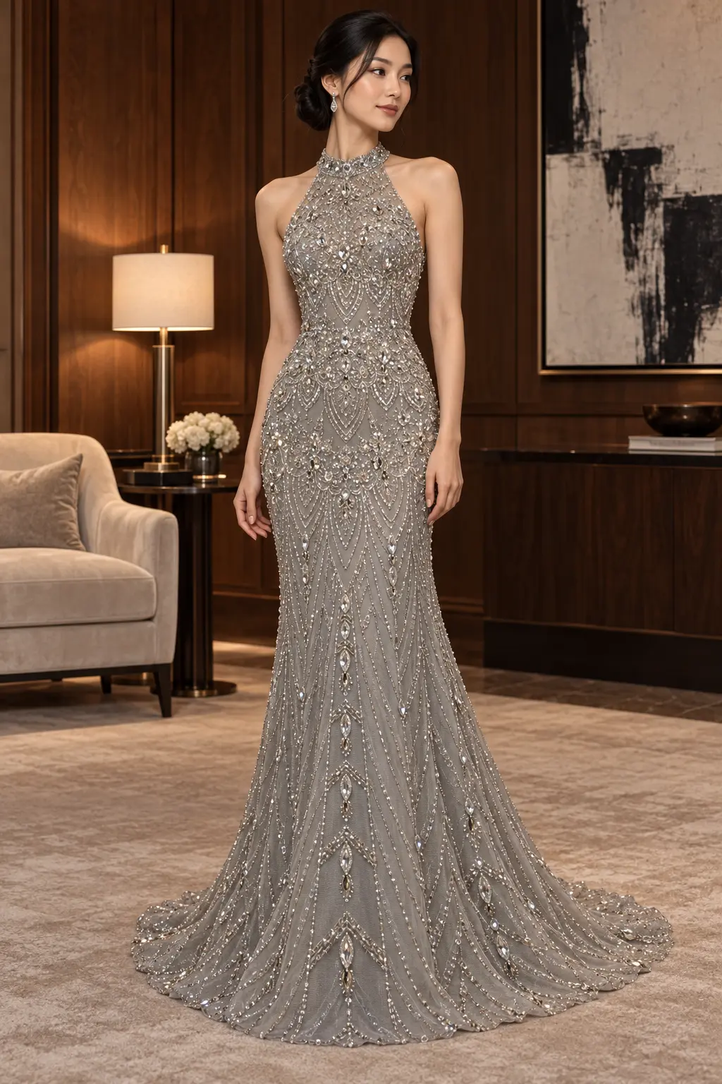 Inspirație de design: rochie couture gri cu decolteu halter și cristale, într-un salon elegant cu lambriuri din nuc