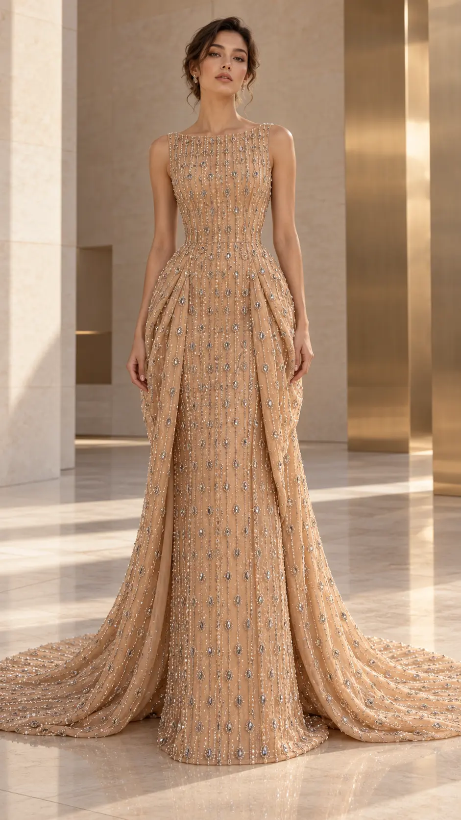 Inspirație de design: rochie couture nude cu decolteu bateau, talie alungită și fustă tulip-coloană