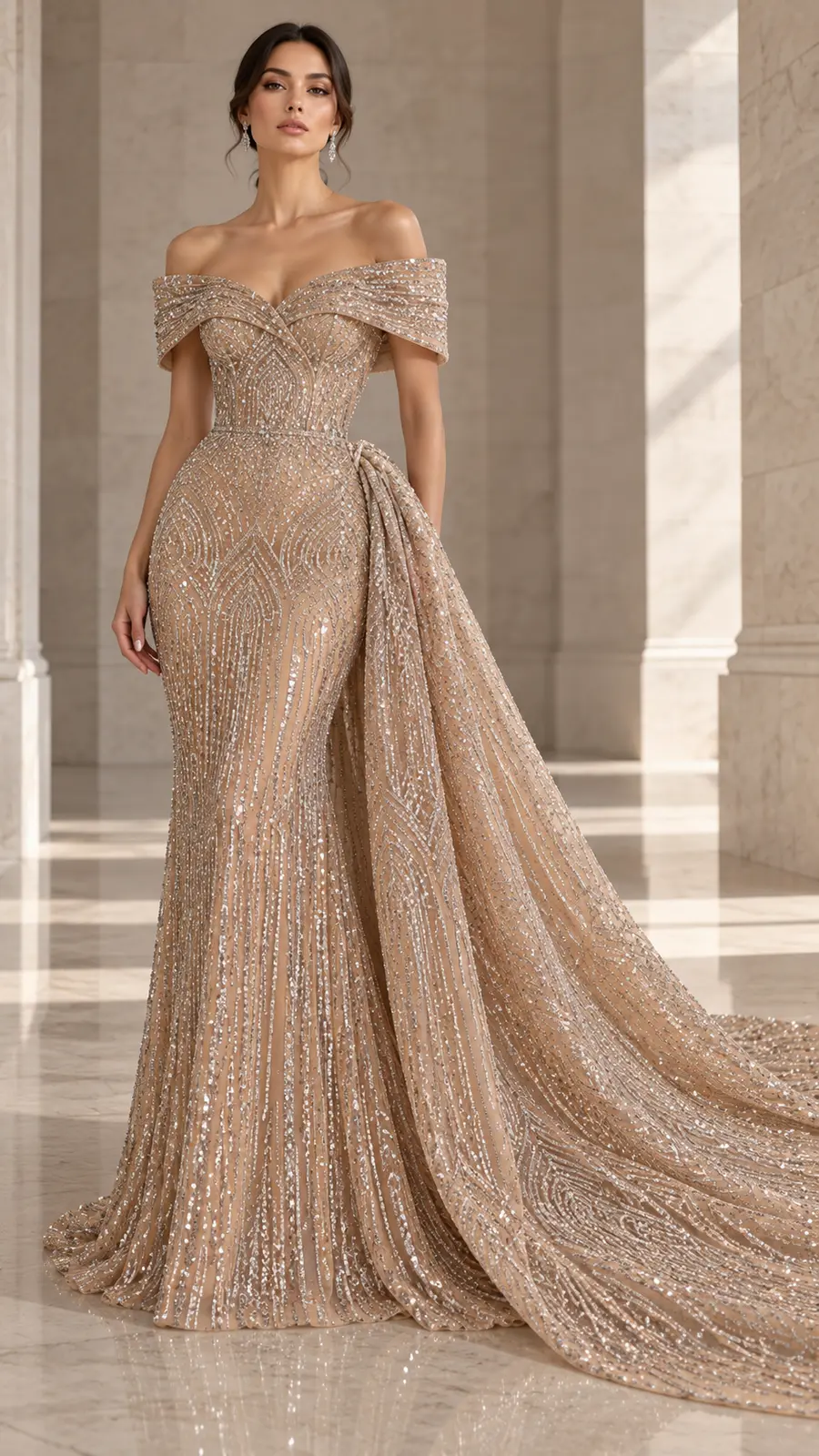 Inspirație de design: rochie couture nude-platinată cu decolteu portret sculptural, croială sirenă și trenă laterală