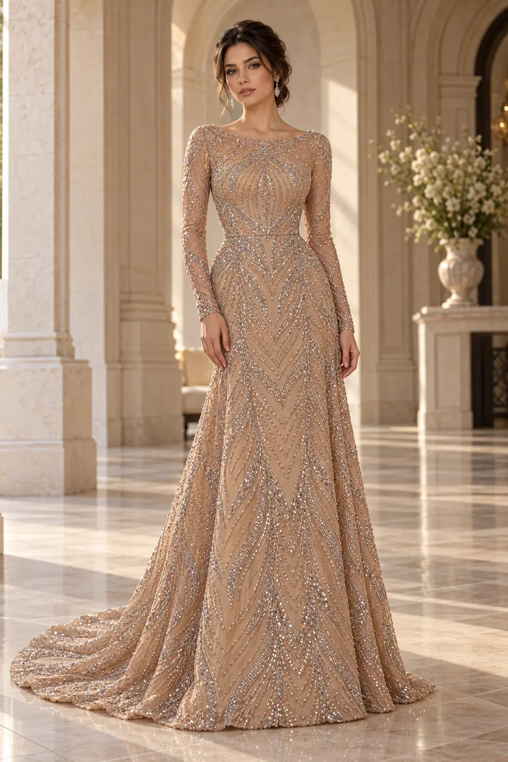Inspirație de design: rochie de seară nude cu broderie platinată, decolteu bateau, mâneci lungi și trenă, într-o galerie elegantă