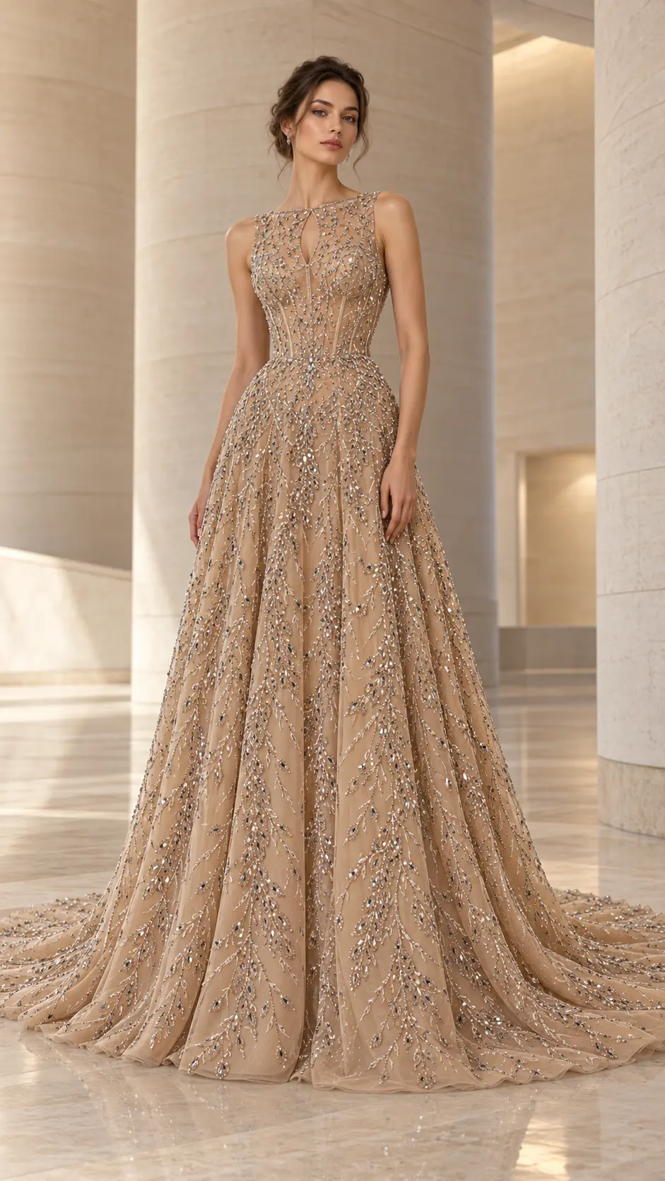 Inspirație de design: rochie couture nude cu decolteu bateau, decupaj geometric și fustă amplă cu trenă
