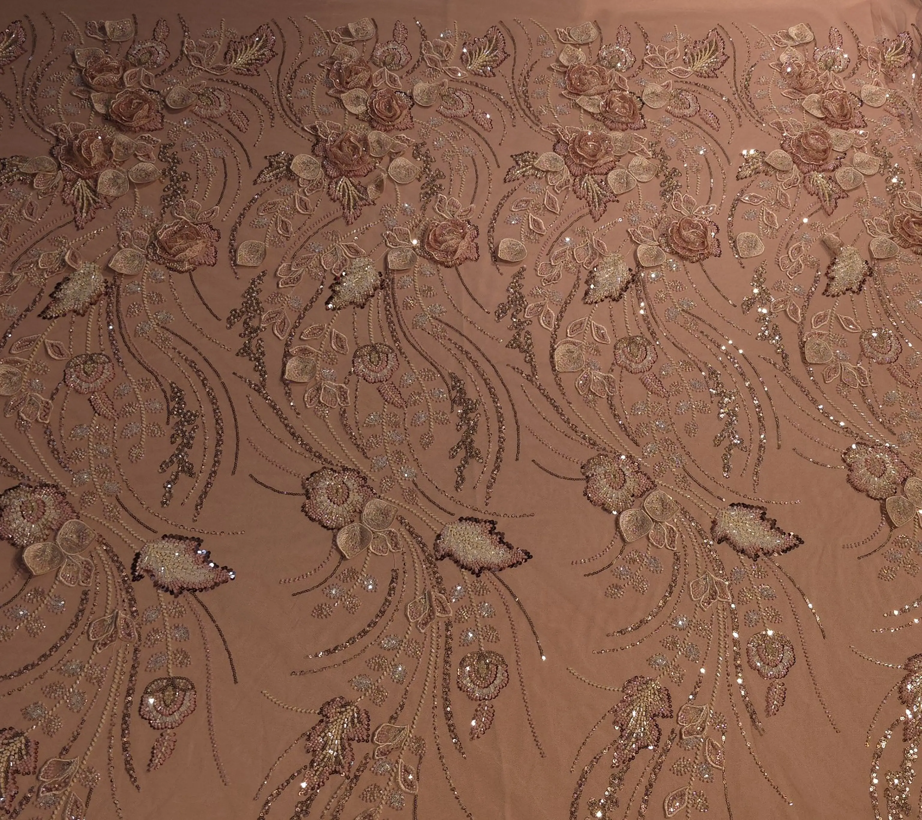 Tul somon couture cu flori 3D, broderie, mărgele și paiete