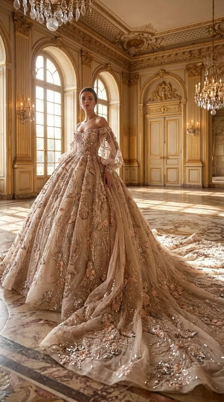 Inspirație de rochie couture realizată cu tul somon brodat, flori 3D și mărgele