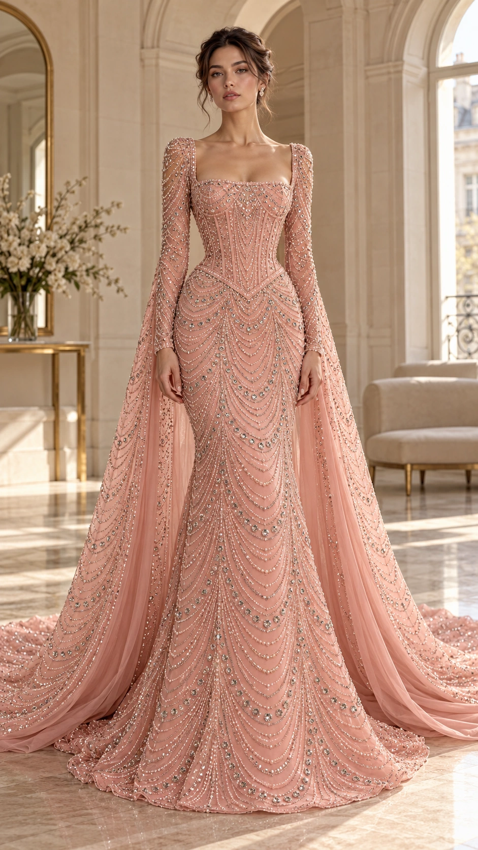 Inspirație de design: rochie couture roz pudrat cu decolteu pătrat, talie basque și trenă arhitecturală